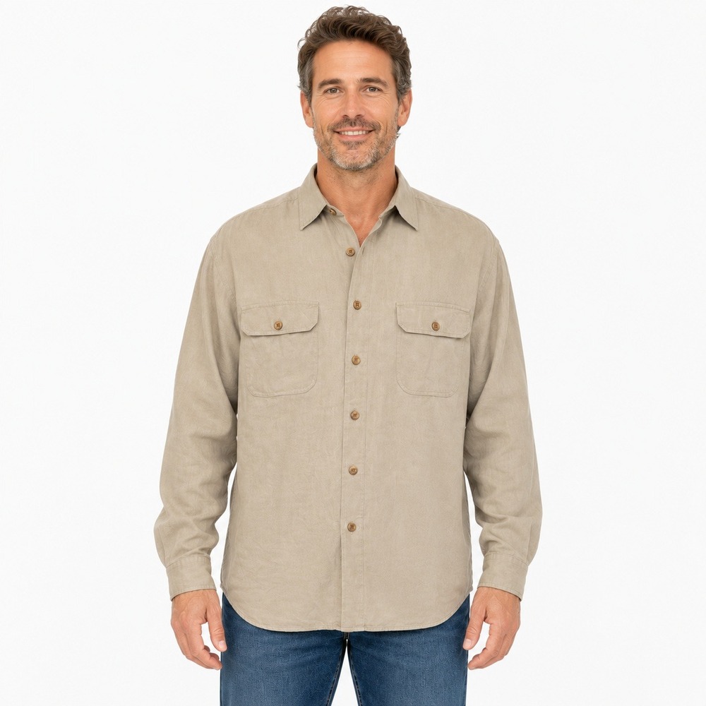 Vintage Tommy Bahama Mens 100% Silk Long Sleeve Button Up Shirt Shacket L Beige